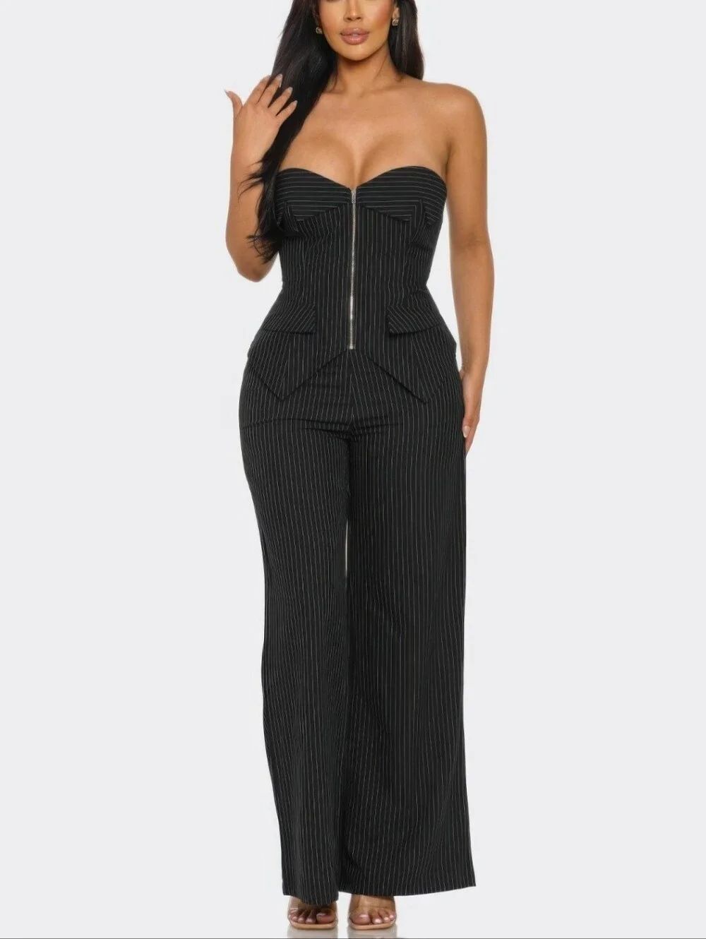 DIOSA Night Out Elegant Strapless Pinstripe 2PC Outfit- Black Sz Large [8-10]